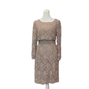Jackie Jon New York Size 8 taupe lace special occasion dress. Sequins beads